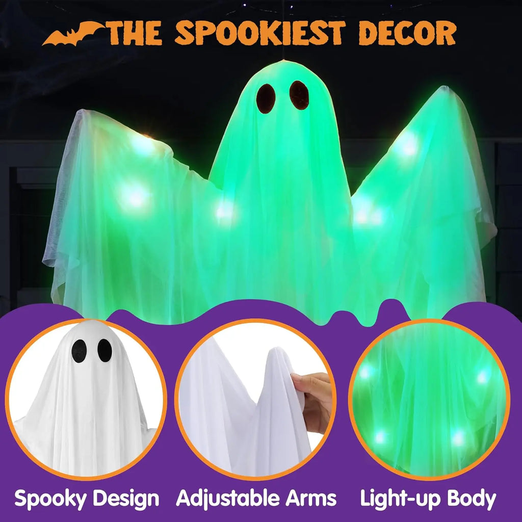 Halloween Hanging Light up Ghost with Spooky Green LED Light 47”