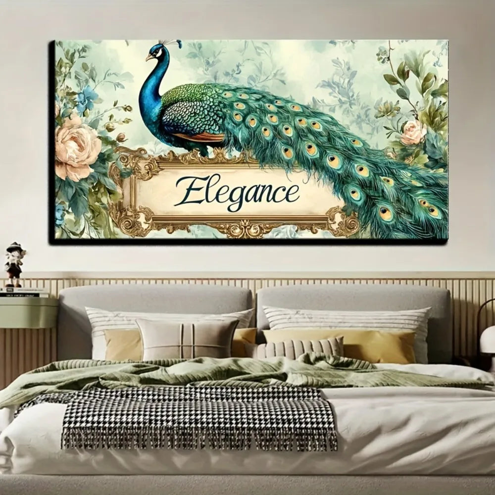 Oriental peacock canvas mural, symbolizing peace and rebirth