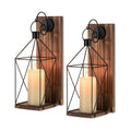 Farmhouse Wood Candle Holder Indoor Black Metal Lantern Sconces Set of 2