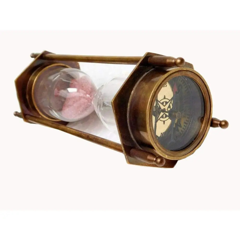 Decorative Brass Sand Timer with Antique Maritime Compass