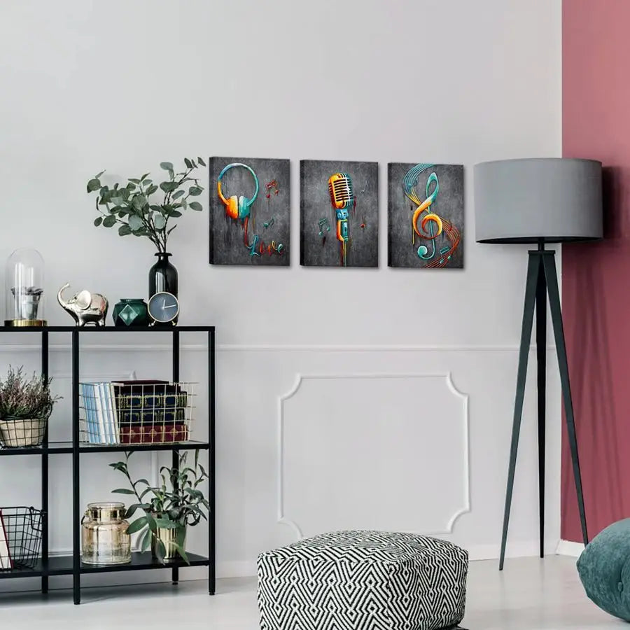 Music Wall Art Microphone, Headset, & Note Canvas Paintings