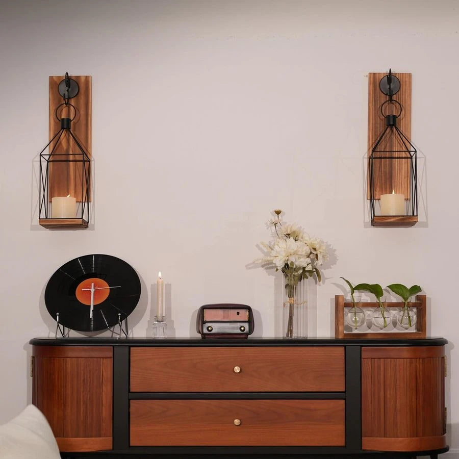 Farmhouse Wood Candle Holder Indoor Black Metal Lantern Sconces Set of 2