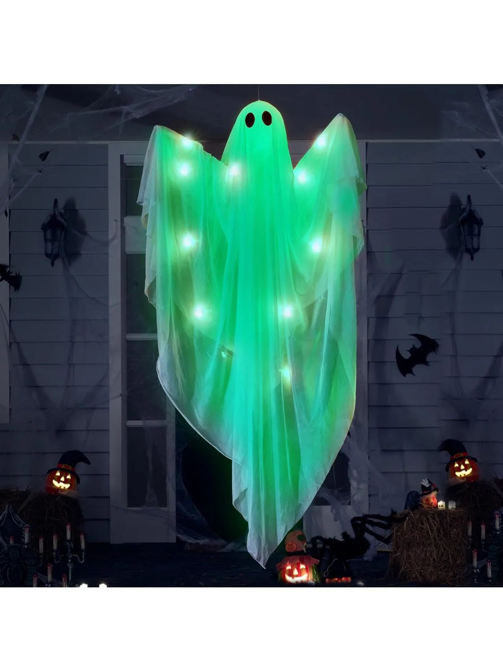 Halloween Hanging Light up Ghost with Spooky Green LED Light 47”