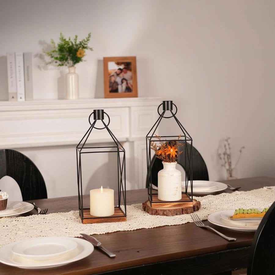Farmhouse Wood Candle Holder Indoor Black Metal Lantern Sconces Set of 2