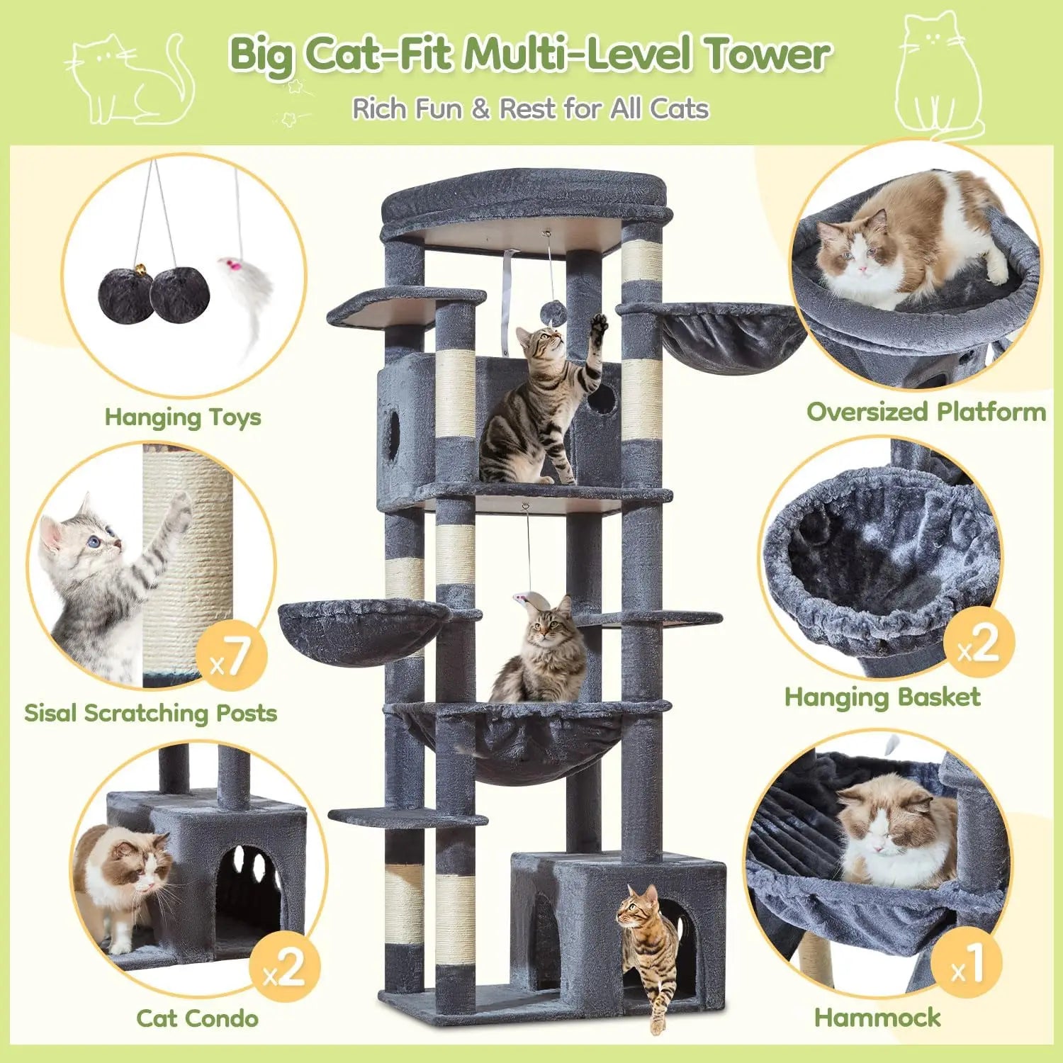 72-Inch Cat Tree with Extra-Large Platform for Large Indoor Cats