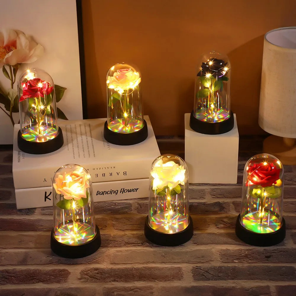 Artificial LED Rose in Glass Cover with Stand