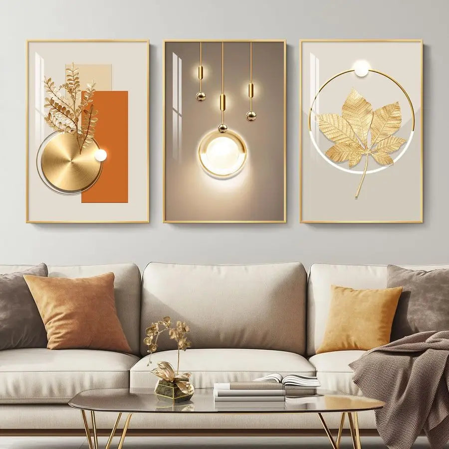 Modern Luxury Gold Wall Art, 3 Piece Contemporary Paintings