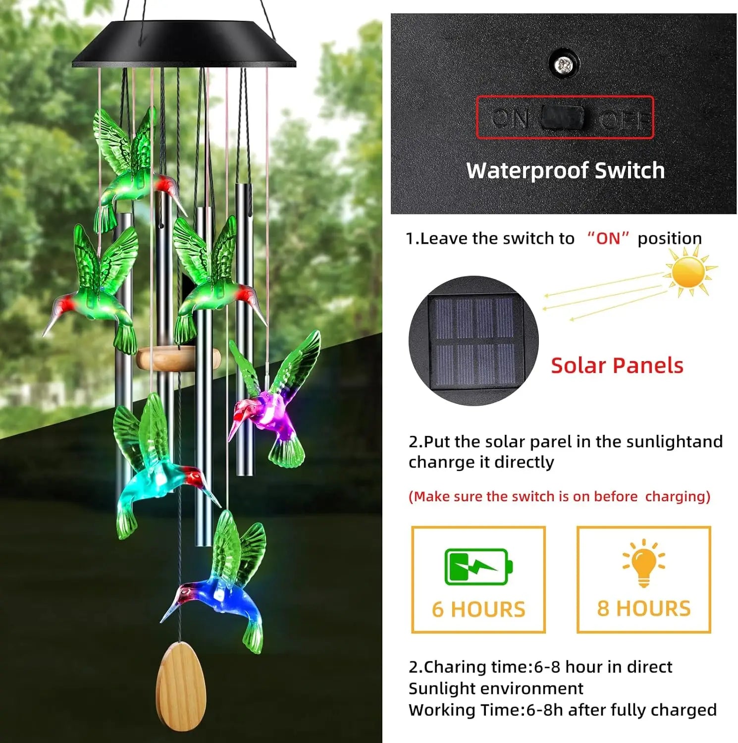25 Inch Solar Wind Chimes with Colorful Lights
