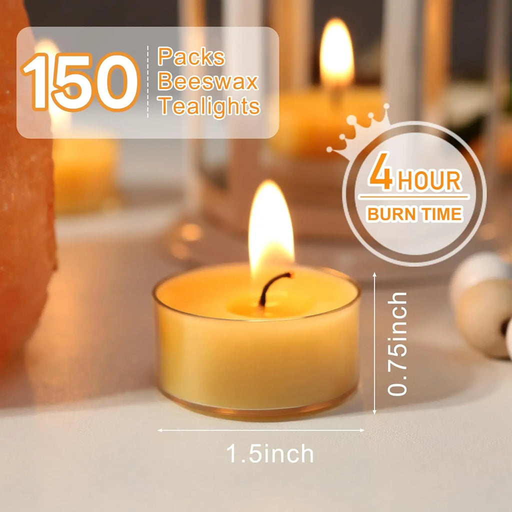 Pure Beeswax Tealight Candles, 4-Hour Burn, Clear Cup 150Pcs