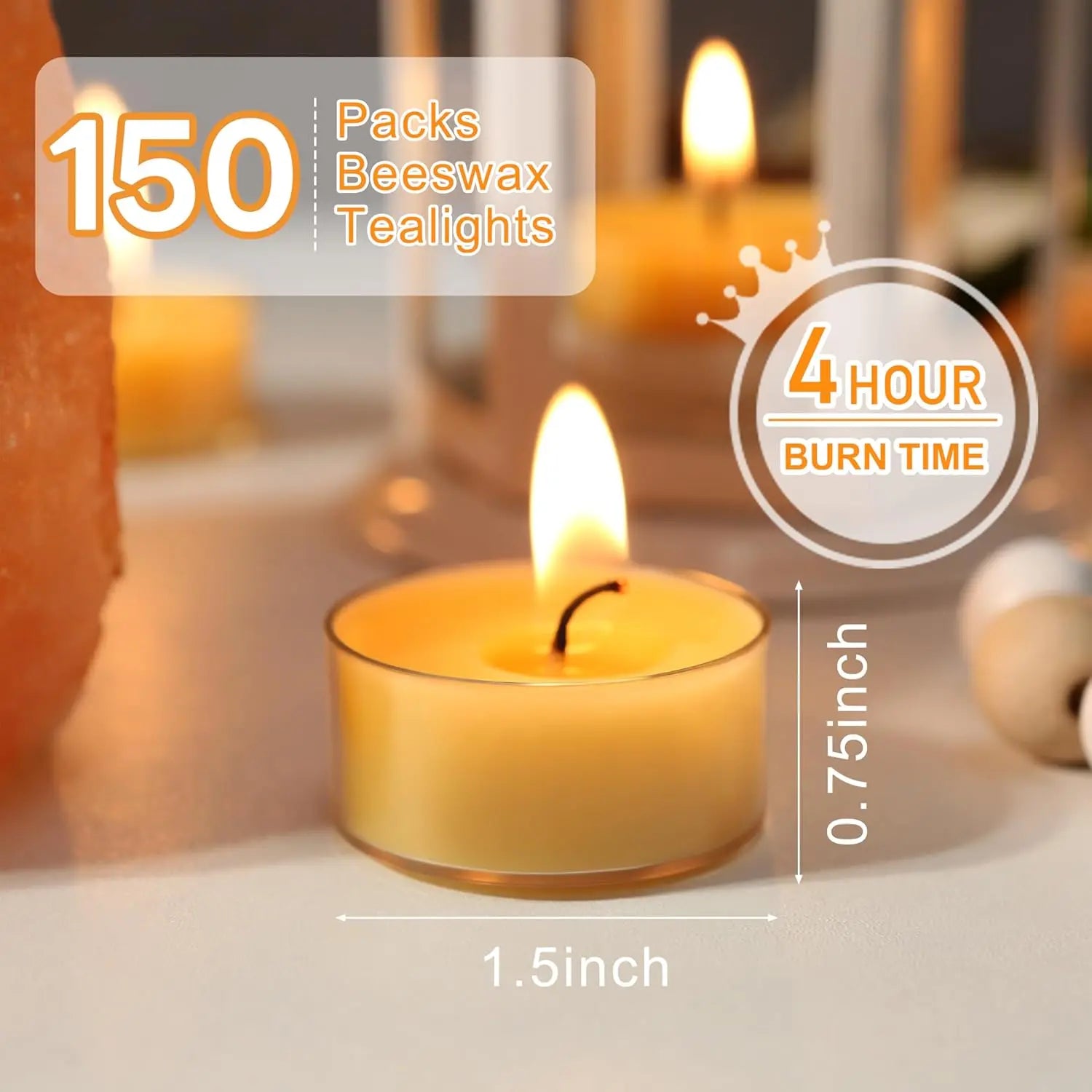 Pure Beeswax Tealight Candles, 4-Hour Burn, Clear Cup 150Pcs