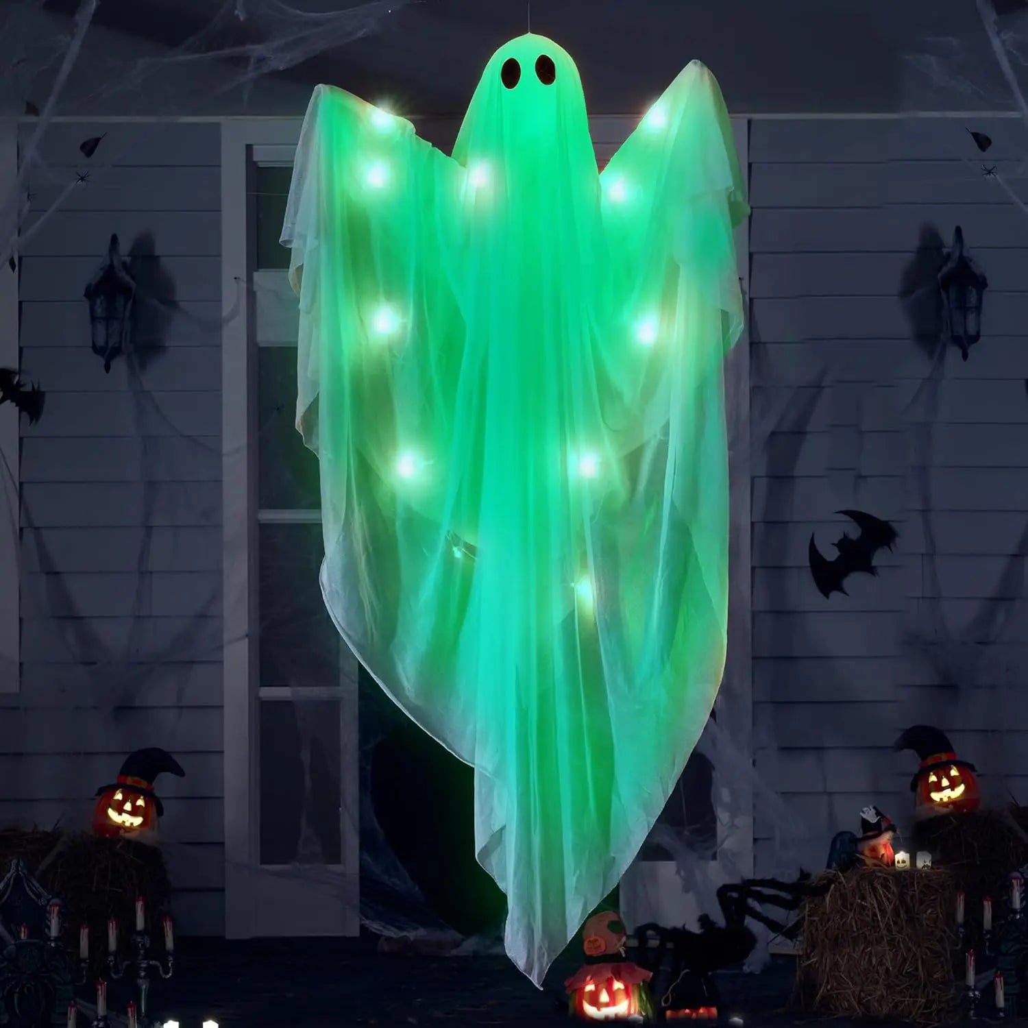 Halloween Hanging Light up Ghost with Spooky Green LED Light 47”