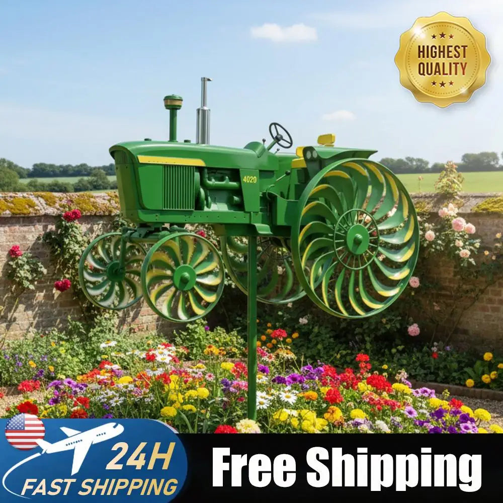 Metal Tractor Wind Spinner with Rotating Wheels