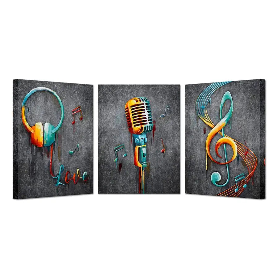 Music Wall Art Microphone, Headset, & Note Canvas Paintings