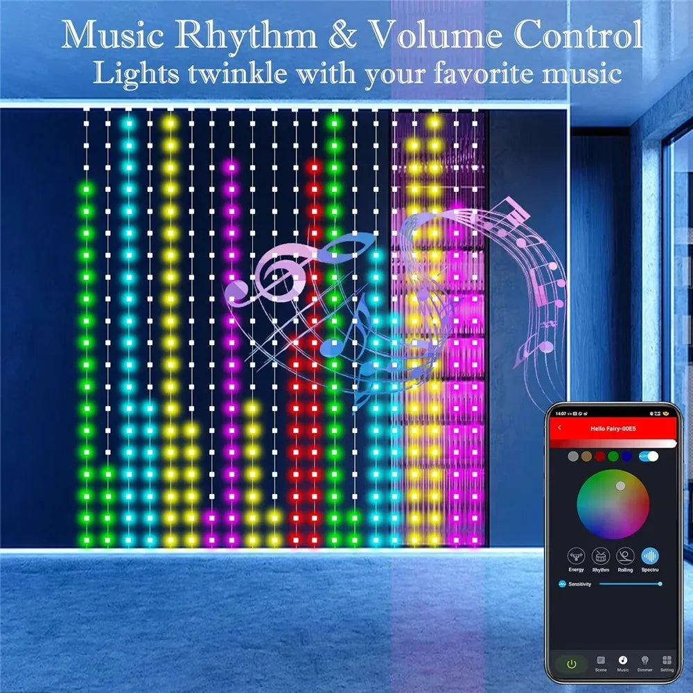 Smart LED Curtain Lights, RGB+IC Color Changing,  APP Remote Control