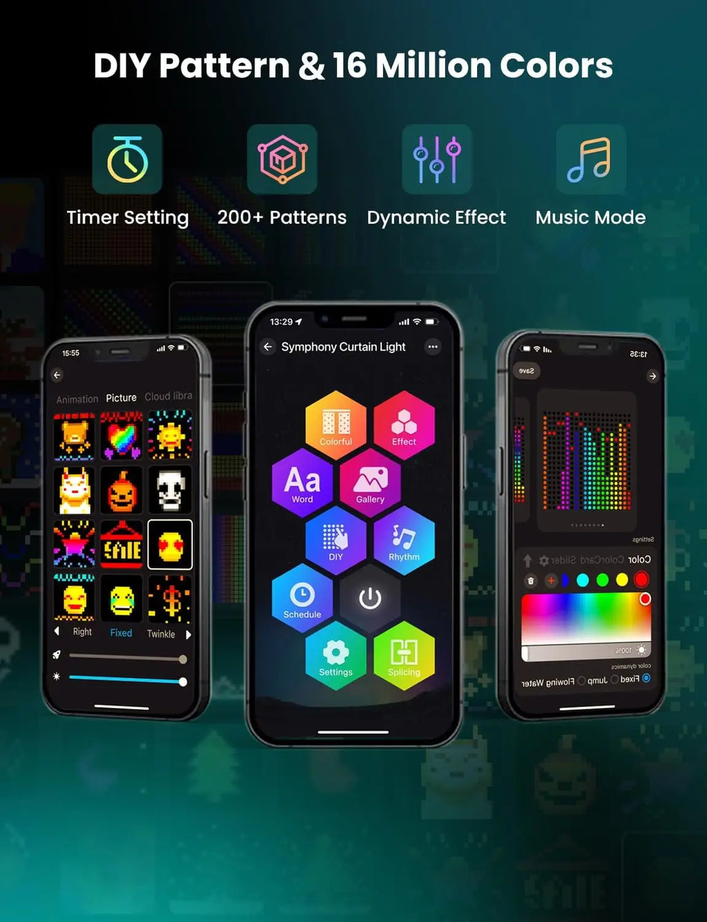 Smart LED Curtain Lights, RGB+IC Color Changing,  APP Remote Control