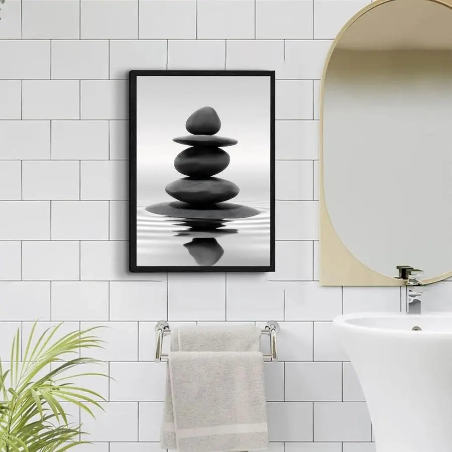 Framed Black and White Wall Art Zen Stones in the water