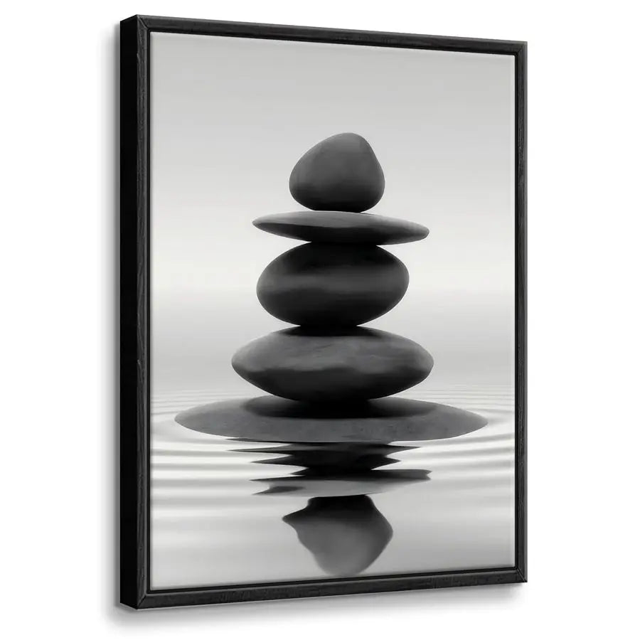 Framed Black and White Wall Art Zen Stones in the water