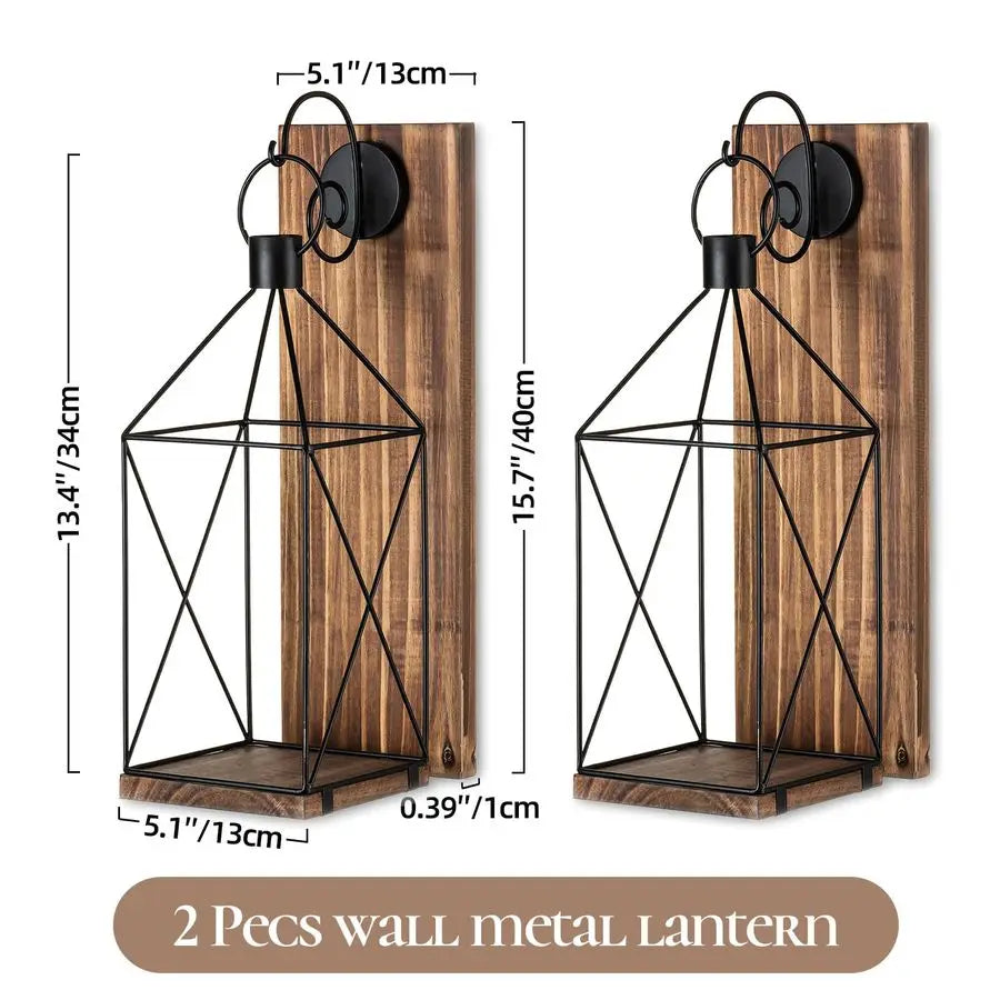 Farmhouse Wood Candle Holder Indoor Black Metal Lantern Sconces Set of 2