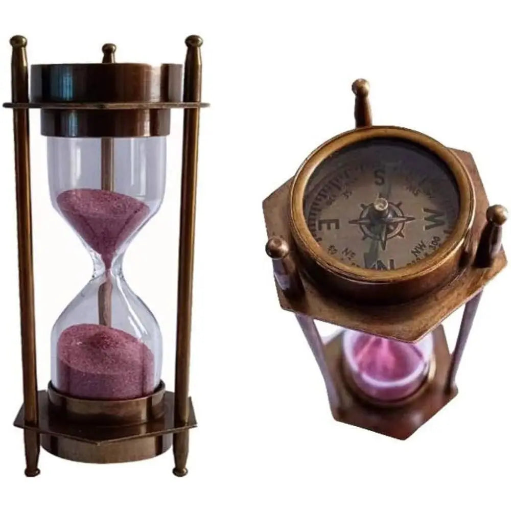 Decorative Brass Sand Timer with Antique Maritime Compass