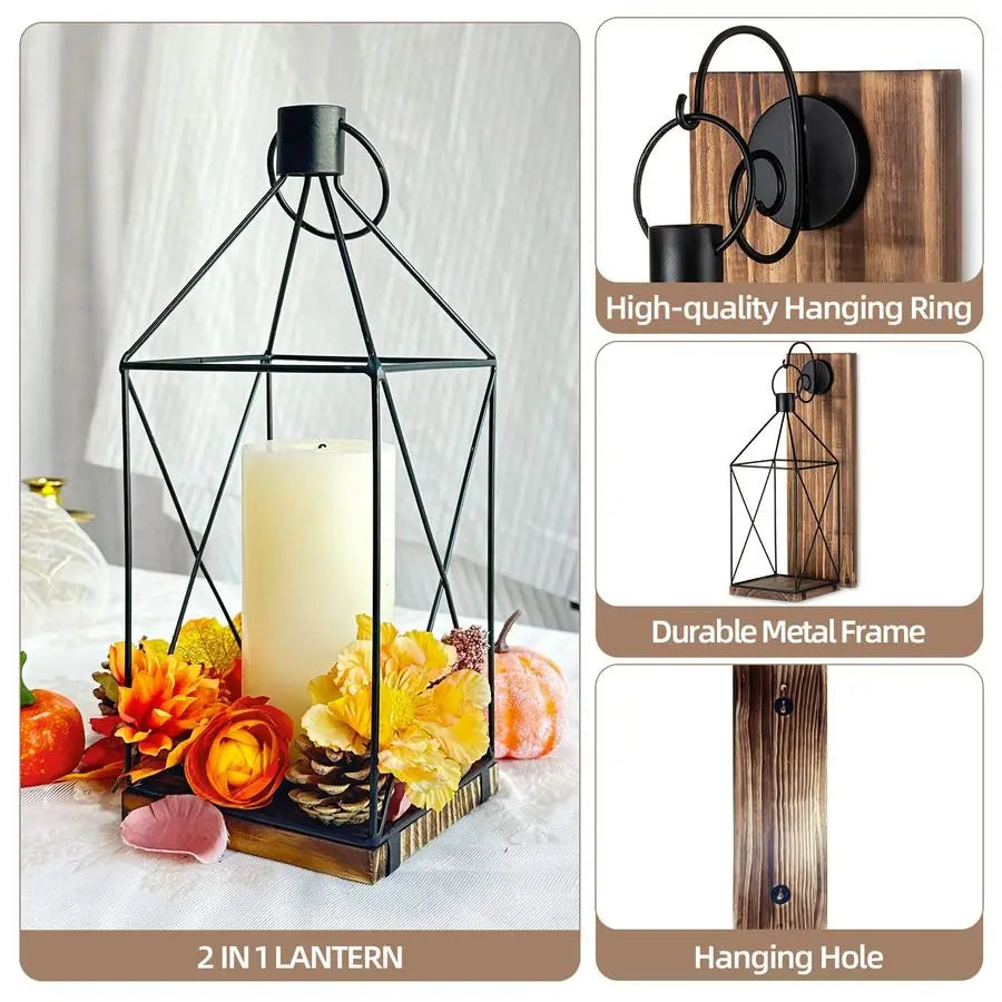 Farmhouse Wood Candle Holder Indoor Black Metal Lantern Sconces Set of 2