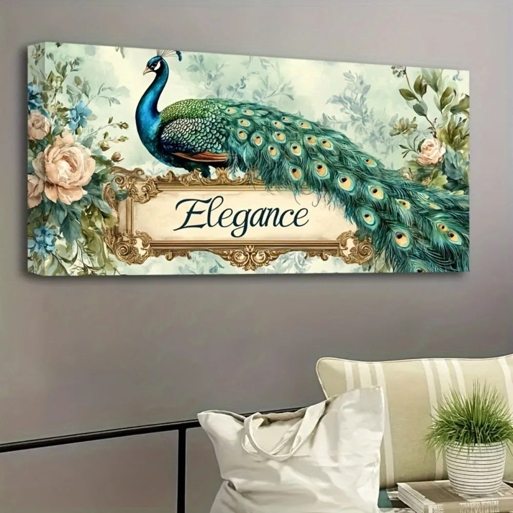 Oriental peacock canvas mural, symbolizing peace and rebirth