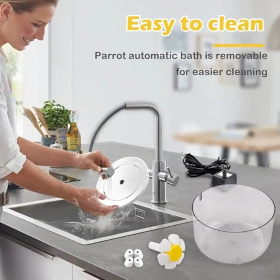 Indoor bird bath for parakeets, budgies, cockatiels with fountain