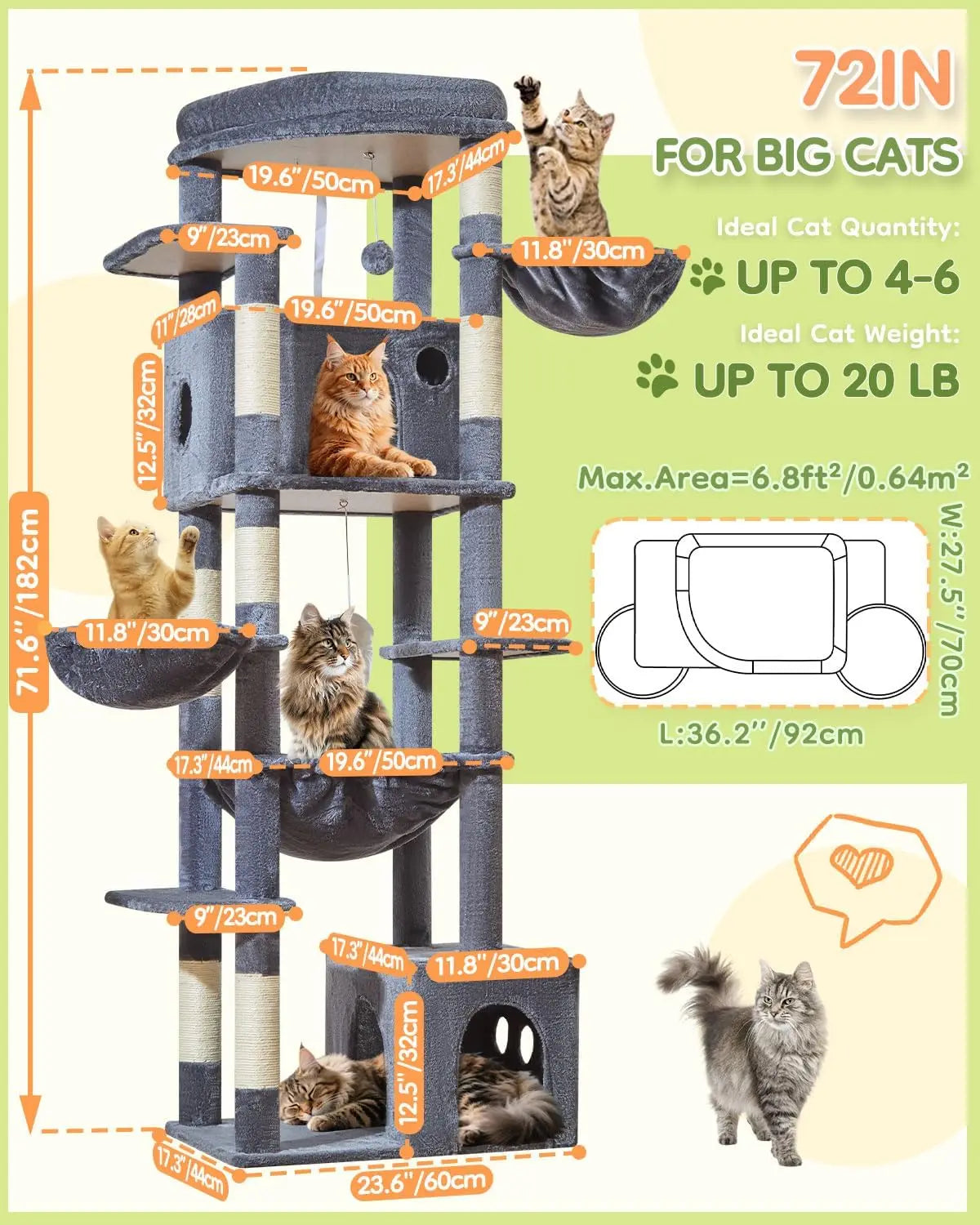 72-Inch Cat Tree with Extra-Large Platform for Large Indoor Cats