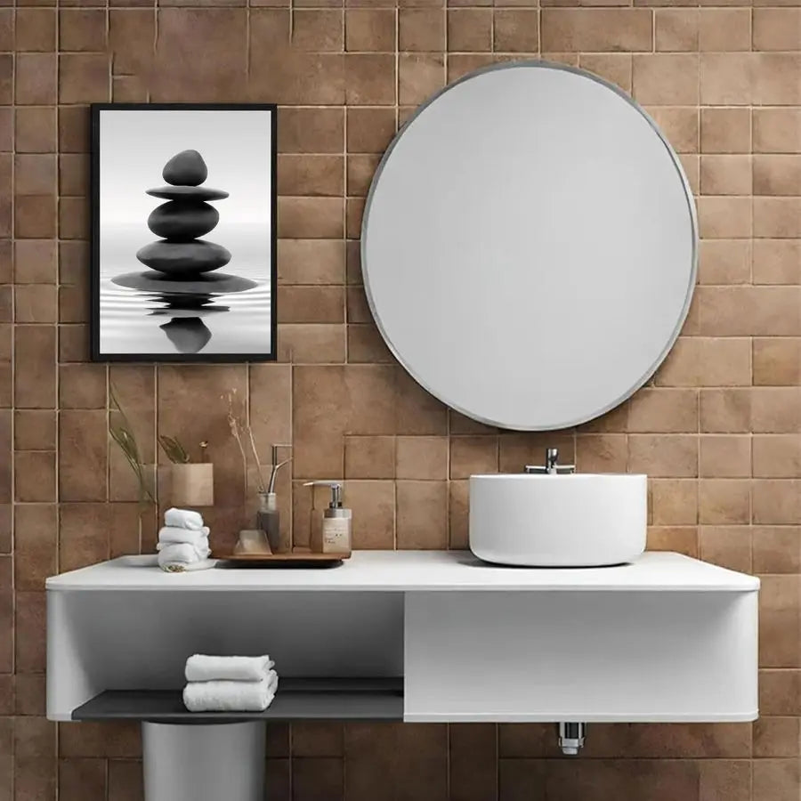 Framed Black and White Wall Art Zen Stones in the water