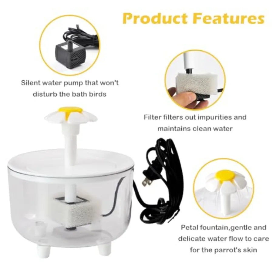 Indoor bird bath for parakeets, budgies, cockatiels with fountain