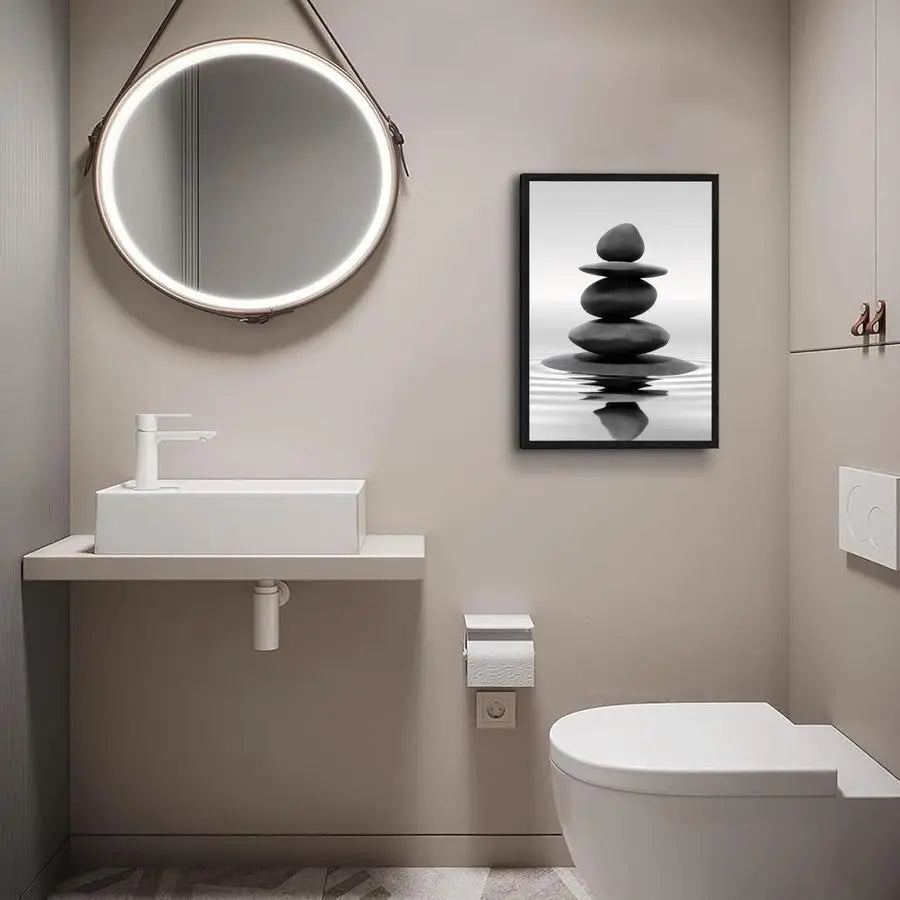 Framed Black and White Wall Art Zen Stones in the water